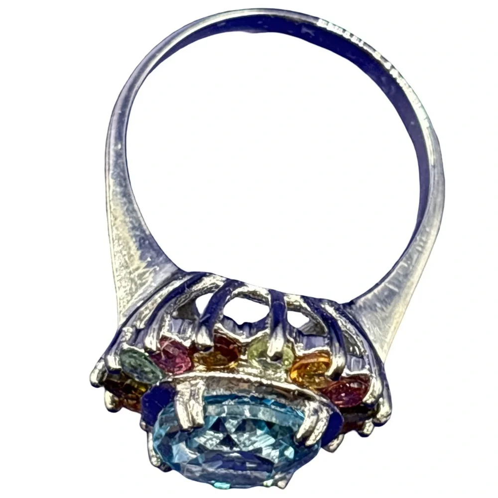 Elegant Blue and Multicolor Gemstone Ring 925 sterling silver Size 9